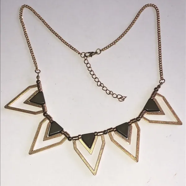 Geometric Gold Tone and Dark Gray Brown Boho Statement Necklace - Image 5