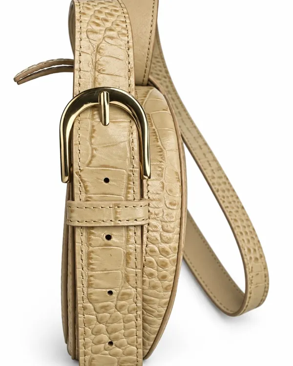Nordstrom Beige Croc Embossed Round Crossbody Bag Gold Hardware Adjustable Strap - Image 3