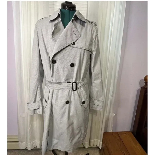 GAP Women’s Blue Pinstriped Double Breasted Trench Coat Medium Belted Classic - Image 3