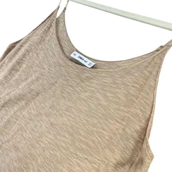 Zara Knit Peplum Camisole Top Women M Tan‎ Fringe Hem Spaghetti Strap Boho Chic - Image 4