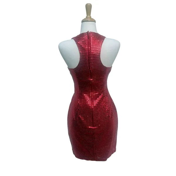 VTG Y2K Sequin Cocktail Mini Dress XS Red Metallic Sweetheart Racerback 90s Glam - Image 5