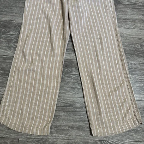 Briggs Womens Small Pants‎ Tan White Striped Wide Leg Linen Blend Elastic Waist - Image 11