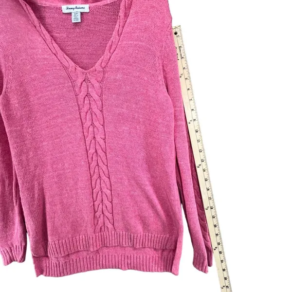 Tommy‎ Bahama Cable Knit Sweater Womens Small Pink Hooded Pullover Linen Cotton - Image 9