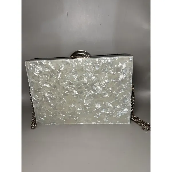 Zara Clutch Bag Womens Silver White Acrylic Shell Purse Chain Shoulder Evening - Image 9