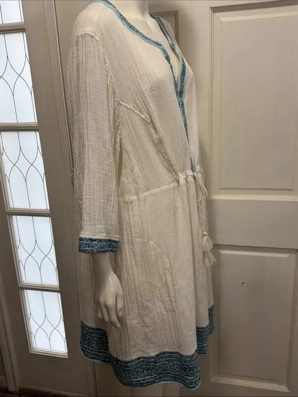 J Jill Gauzy Lined Ivory Dress XL Boho Drawstring Waist Blue Trim Pockets - Image 7