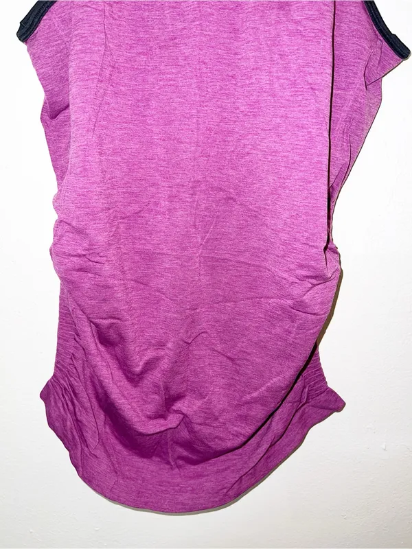 Lululemon Women’s In The Flow Purple Low Open Back Tank Top w/ Black Trim and Ruched Sides - Image 3