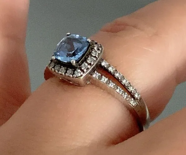 925 Sterling Silver Simulated London Blue Topaz Engagement Ring Signed AC TM - Image 6