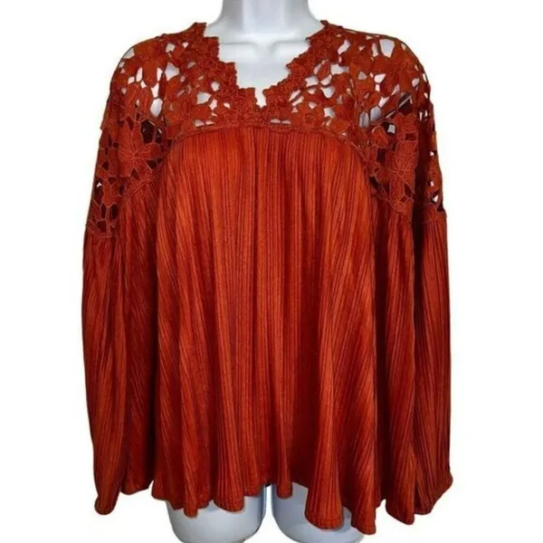 EXPRESS Dark Pumpkin Lace Embroidered Trim Belled‎ Sleeve Blouse M - Image 2