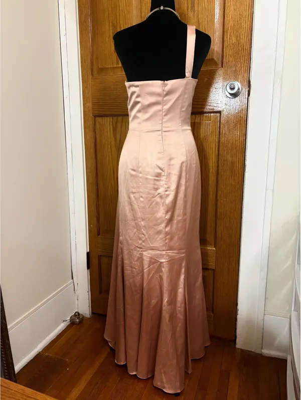 Hebeos Size 4 Blush One Shoulder Satin Formal Gown Maxi Dress Side Slit - Image 3