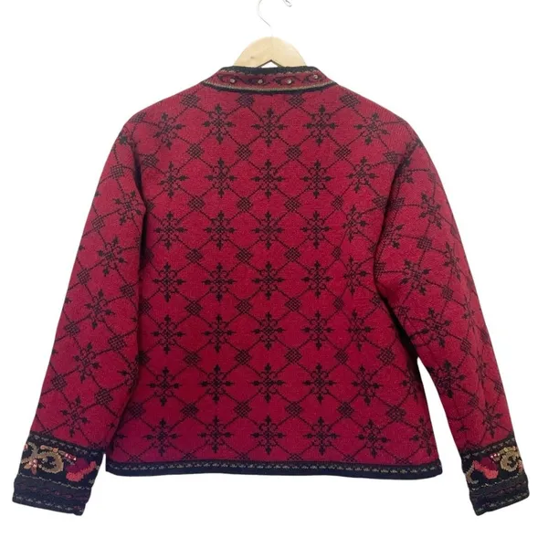 Icelandic Design Wool Cardigan Sweater M Red Nordic Embroidered Floral Full Zip - Image 4
