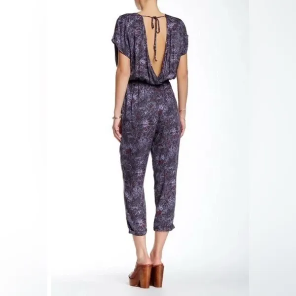 NEW Free People Universal Surplice Jumpsuit Purple Paisley Boho Cottage Whimsy L - Image 3