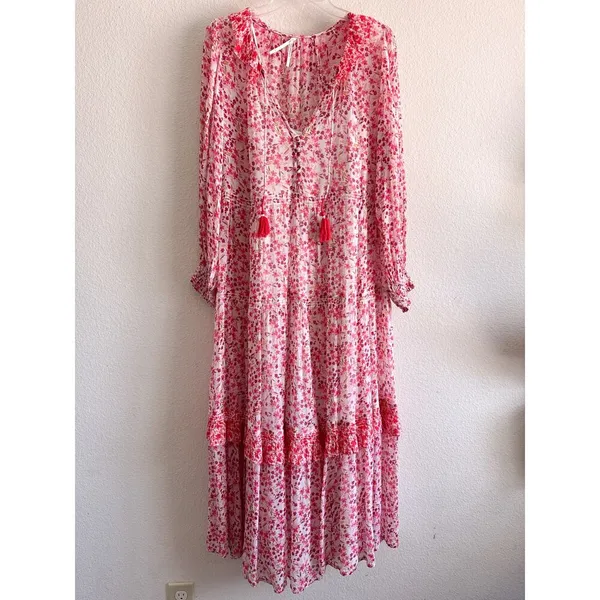 Anthropologie Marais Printed Chiffon Floral Maxi Dress Pink Boho Tassel S - Image 2