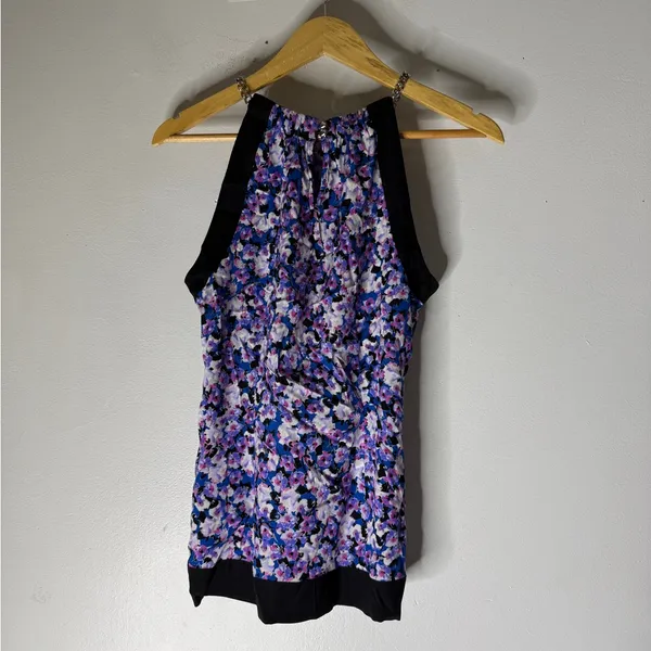 Cache Silk mock neck sleeveless‎ floral blouse Silver Chain straps Medium - Image 4