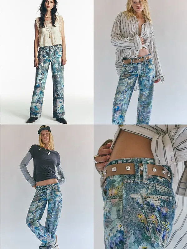 Free People Tennessee Low Rise Illusion Jeans Floral Canvas Paint Splatter - Image 11