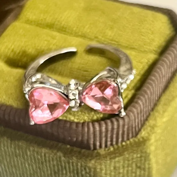 Jeulia Pink Bow 2 Heart Promise Open Ring Silver Size 7 - Image 3