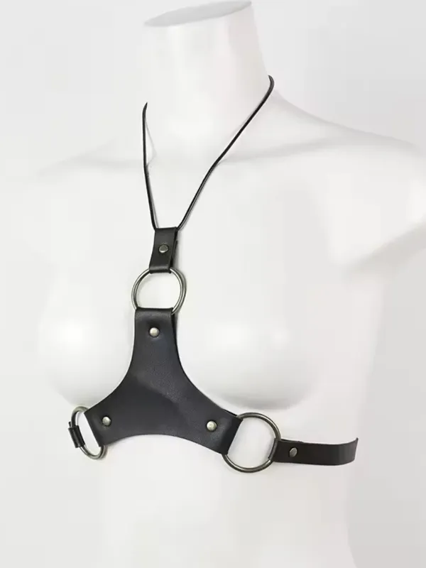 Black Leather Harness Necklace with Brass Rings - Image 6