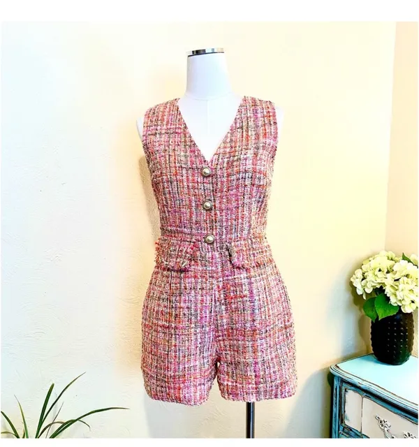Adelyn Rae Pink Tweed V-Neck Sleeveless Romper - Image 3