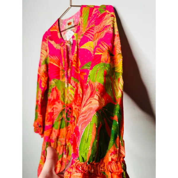 FARM RIO Pink Orange Floral Cotton A-Line Tie Waist Ombre Forest Mini Dress S - Image 6