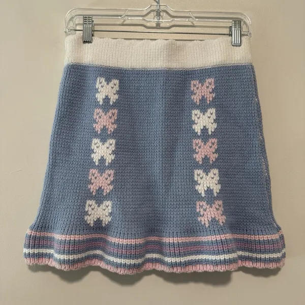 LoveShackFancy Hathaway Knit Mini Skirt Bow Print‎ in Blue Skies Coquette Girl - Image 7