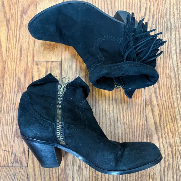 Sam Edelman Louie Black Suede Fringe Ankle Boots 6.5M Western Booties - Image 4