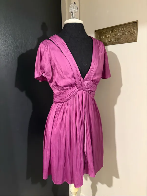 Anthropologie Magenta Pleated V-Neck Mini Dress with Draping in Silky Fabric 💜 - Image 2