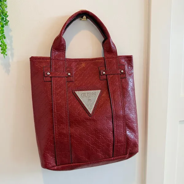 GUESS Y2K Burgundy Monogram Hand Bag Signature Silver Triangle Rhinestone Logo - Image 2