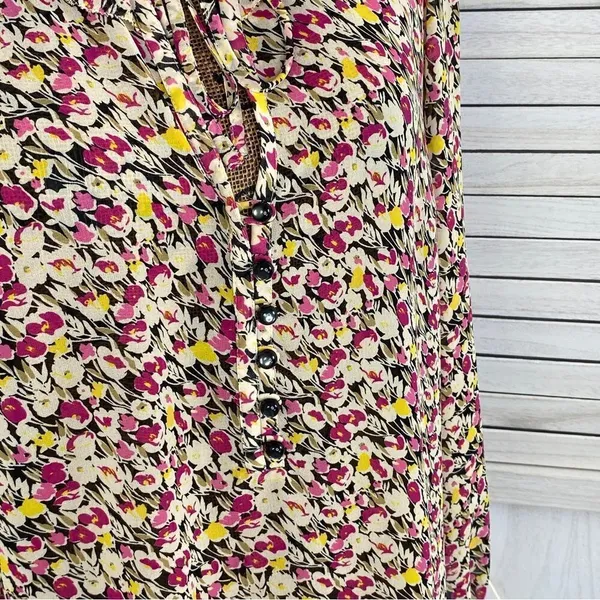 Loft Ann Taylor Ruffle Trim Tie Neck Floral‎ Chiffon Blouse Large Beige Pink - Image 6