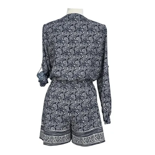 LOFT Romper Size 0 Blue White Paisley Print Long Sleeve‎ Roll Tab One Piece EUC - Image 16