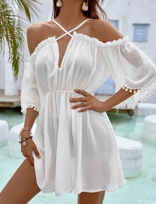 SheIn White Pom Pom Trim Cover-Up - Image 3