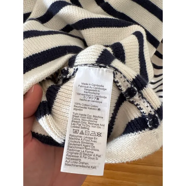 J.Crew Emilie Patch-Pocket Cardigan Sweater Navy White Striped Gold Button XL - Image 4