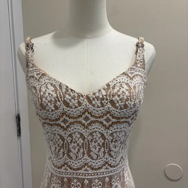 VTG 90s NiteLine White Lace Beaded Tan Mini Dress 2‎ Bridal Goth Witchy Coquette - Image 4