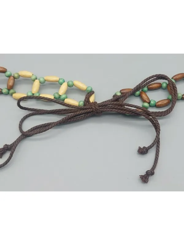 Boho Wood Beaded Tie Belt Green Brown Cream Adjustable Hippie Festival - Image 11