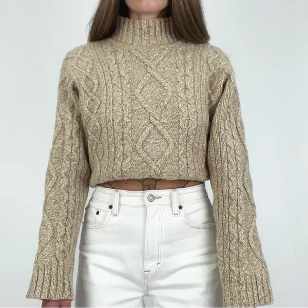 J.Crew Wool-Blend Cable-Knit Rollneck Sweater in Beige | Size L - Image 4
