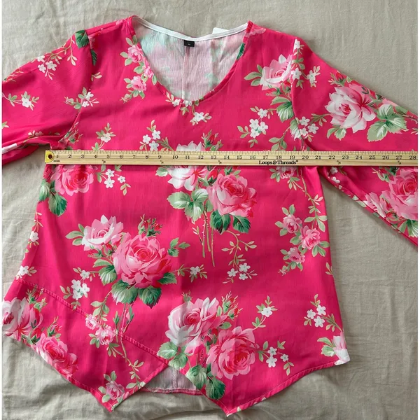 Floral V-Neck Blouse Magenta Pink Rose Print Asymmetrical Hem Top XL - Image 5