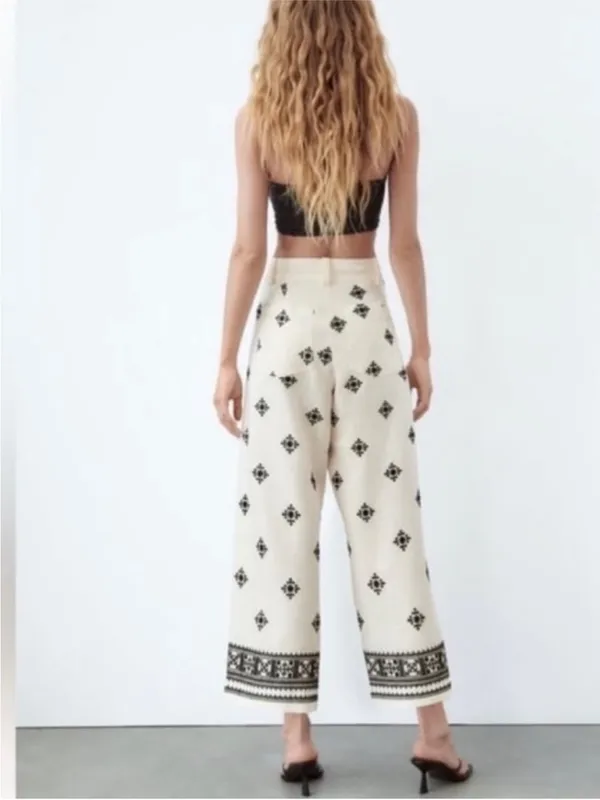 ZARA LINEN BLEND EMBROIDERED PANTS Ivory/ Black Size Large - Image 3