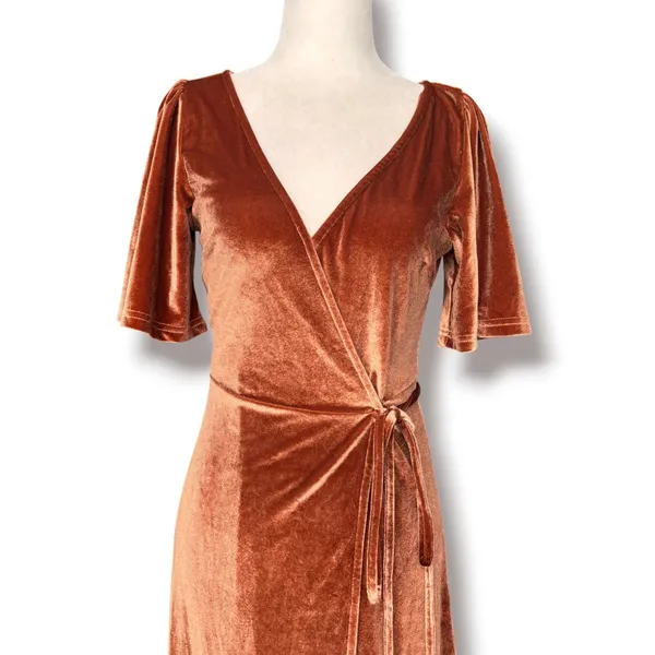 Baltic Born Katelyn Velvet Maxi Wrap Dress Cinnamon Rust XS Short Sleeve Gown - Image 2