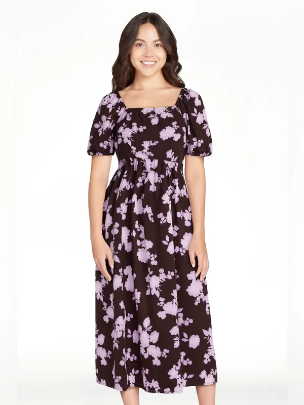 Time and Tru Floral Cotton Back Tie Midi Dress with Short Puff Sleeves - Image 5