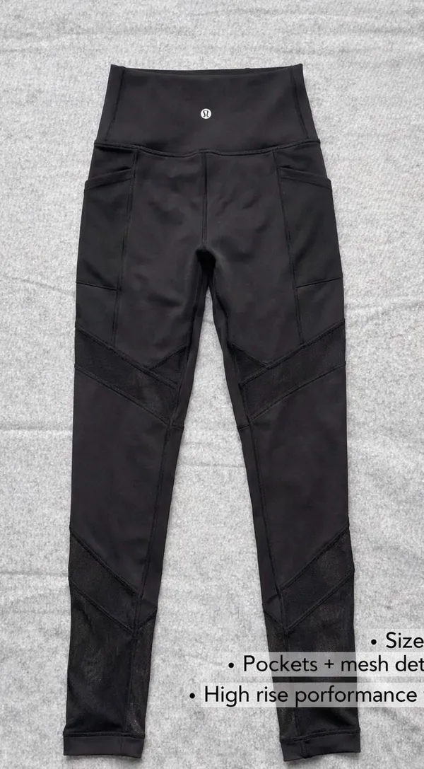 Lululemon Leggings Women Size 8 Black Mesh Panels Pockets High Rise 25" Gym Run - Image 2