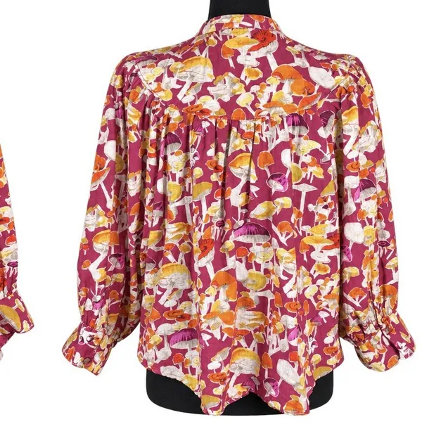 Anthropologie Maeve Femme Collarless Pink Orange Mushrooms Cotton Top M Boho - Image 2