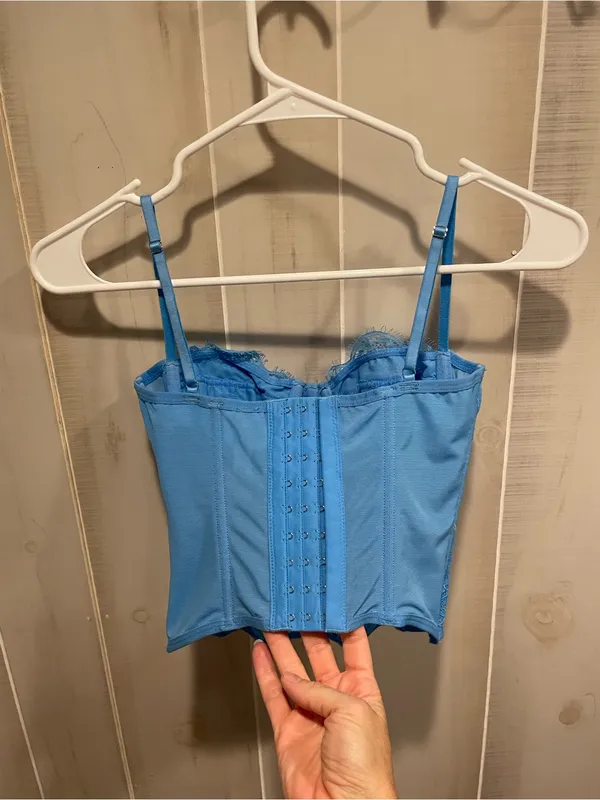 Cute baby blue lace mesh longline corset bustier coquette fairy crop - Image 3