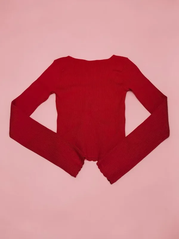 RSQ Red Square Neck Ribbed Long Sleeve Bow‎ Top Size Small - Image 2