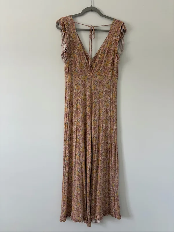 Anthropologie Matilda Pink Yellow Floral Paisley Wide Leg Ruffle Jumpsuit S - Image 5