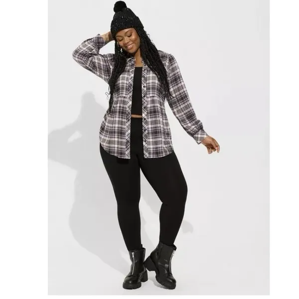 Torrid Soft Flannel Tie Back Button Up Tunic‎ Purple Plaid Size 1X - Image 2
