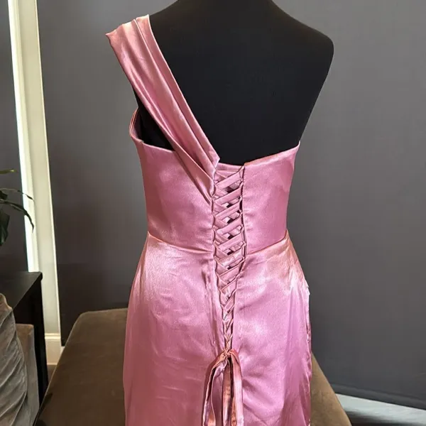 Women’s Pink One Shoulder Satin Dress Mermaid Fit Leg Slit Corset Size 8 *READ - Image 6