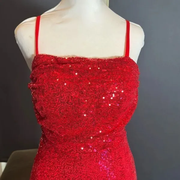 Women’s Red Sequined Short Homecoming Party Dress Ruffle Hem Corset Back Size 2 - Image 2