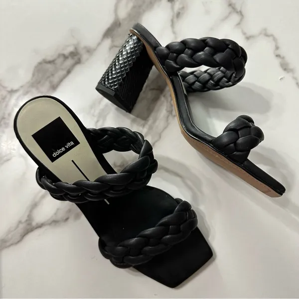 DOLCE VITA Paily Braided Slide-on Mule Sandal Heels Sz 6 Black Vaca Party - Image 13