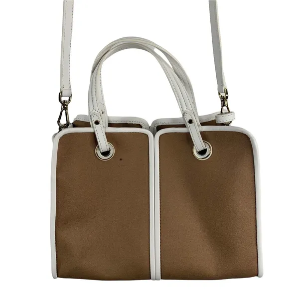 Kate Spade Sam Canvas Satchel Blazer Brown White Leather Trim Shoulder Bag Purse - Image 2