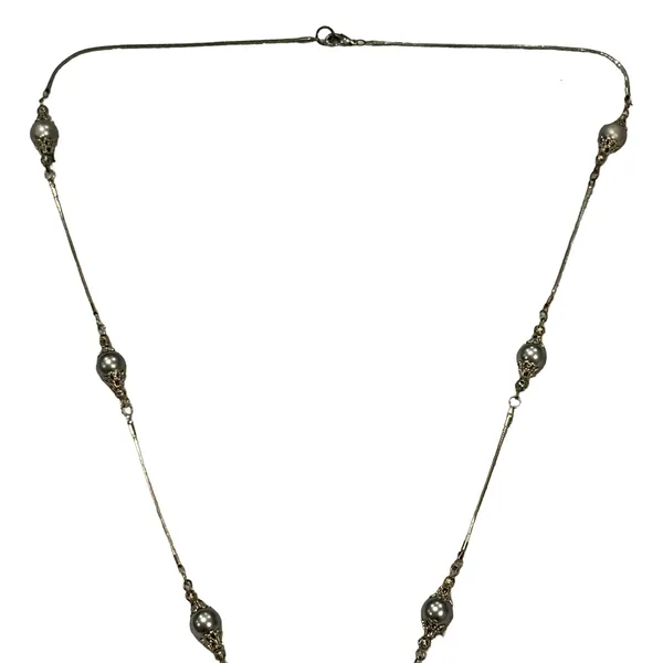 Silver-Tone Tassel Necklace with Faux Pearl Station Beads and Rhinestone Accents - Image 5