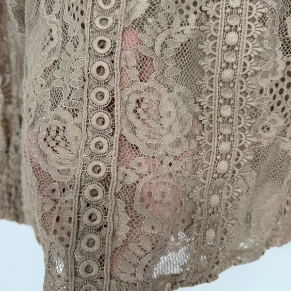 Women's Taupe Floral Lace Ruffle Mock Neck‎ Long Sleeve Blouse Top - Image 5