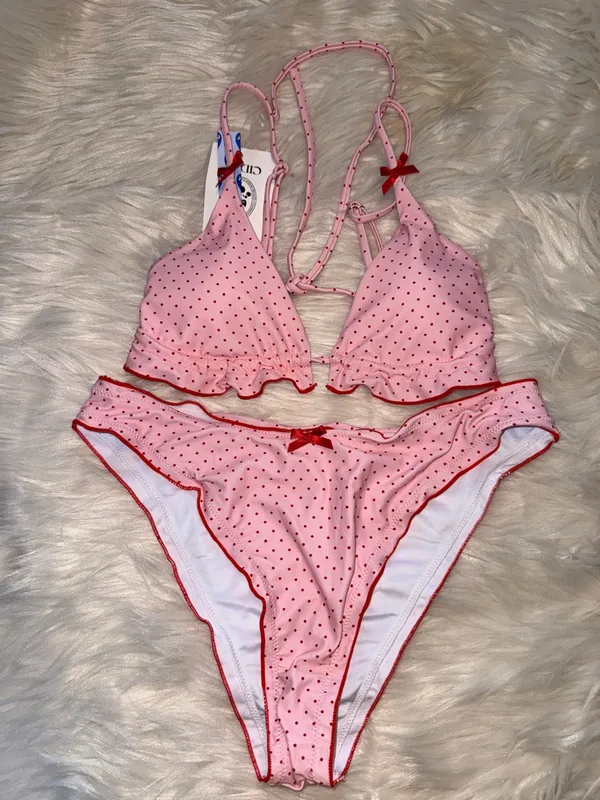 CIDER Pink Polka Dot Ruffle Triangle Bikini Large NWT COQUETTE GIRLY FEMININE - Image 2